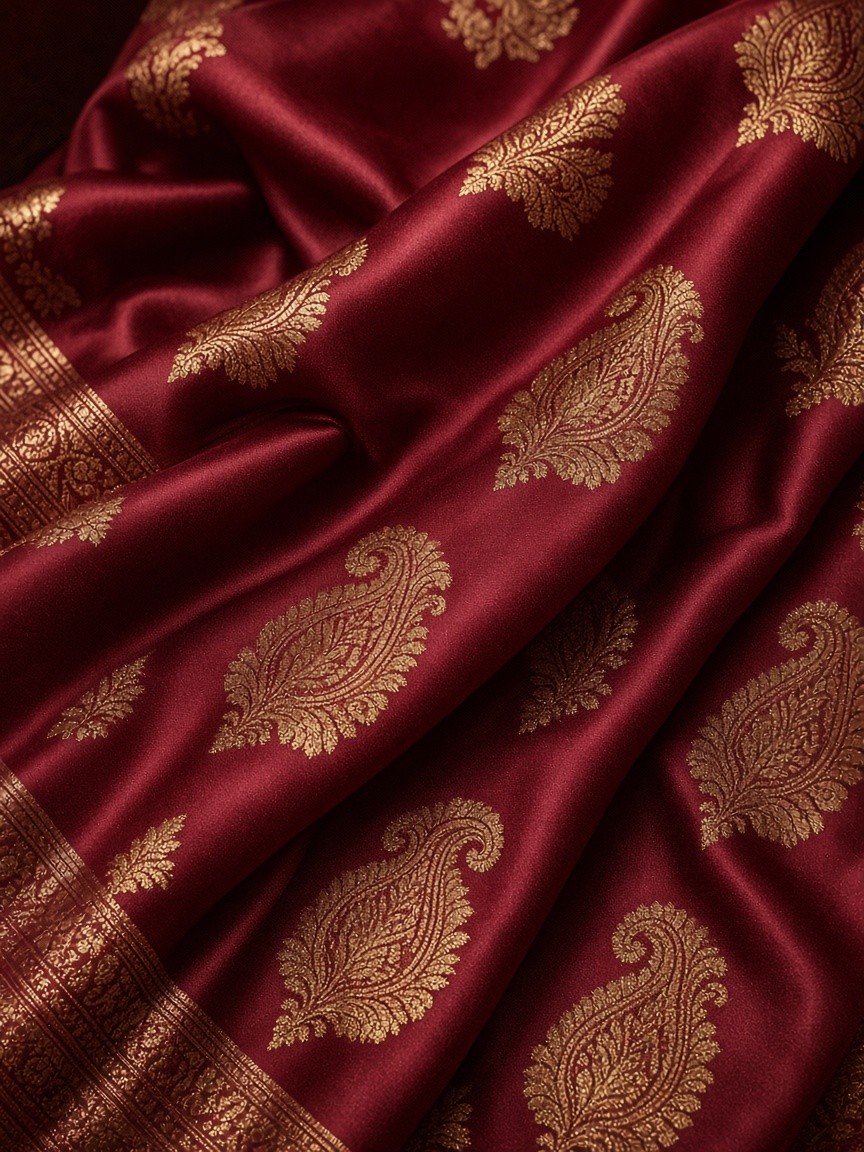 Wine Banarasi silk with gold paisley zari