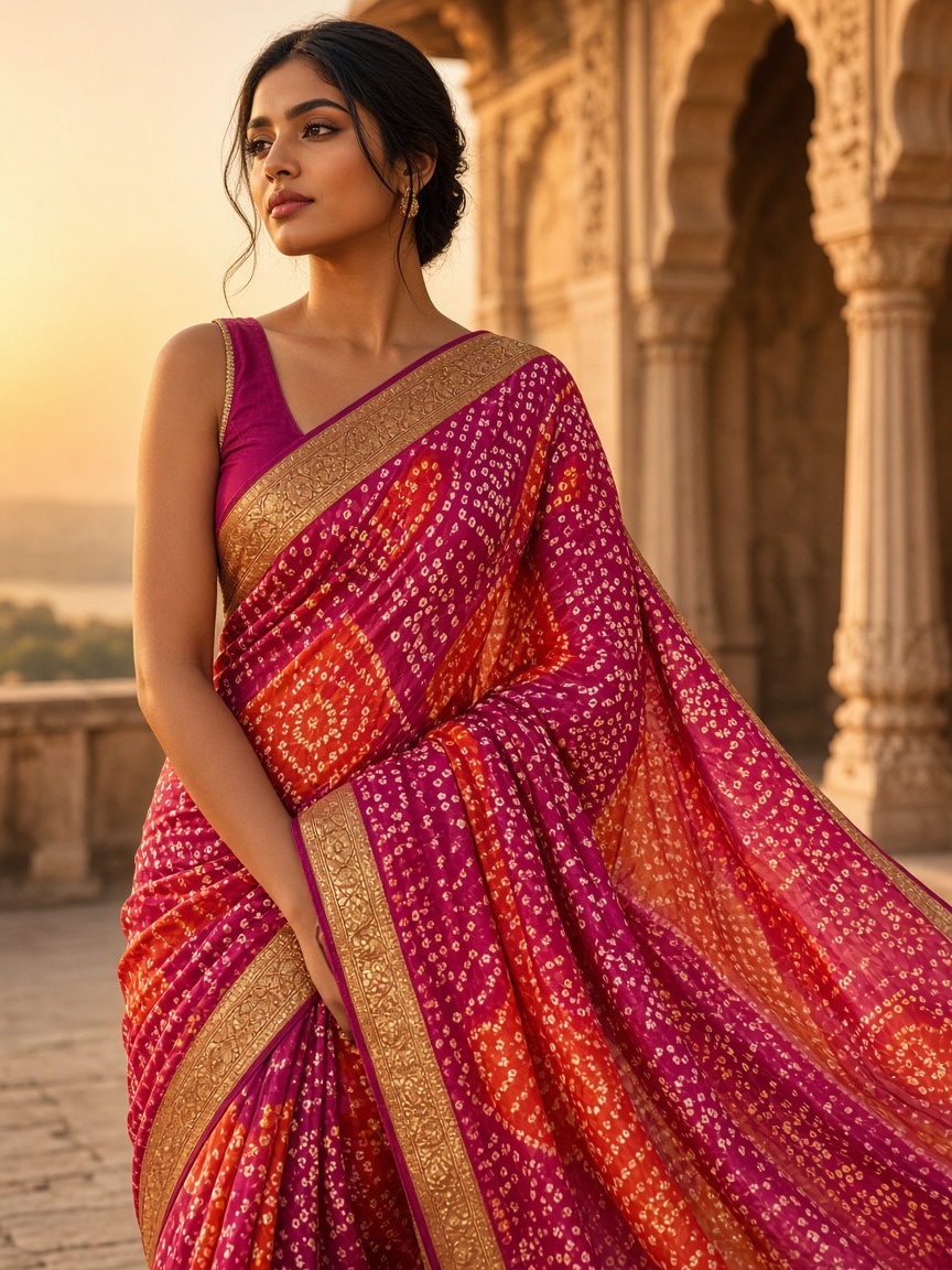 Magenta Bandhani tie-dye saree with dotted pattern