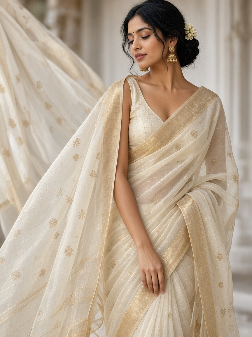 Ivory Chanderi silk with delicate gold motifs