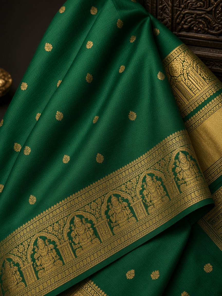 Emerald Kanjeevaram silk with gold temple border