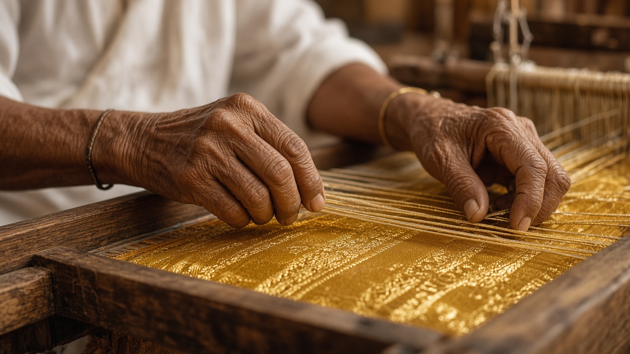 Weaver's hands working gold zari on a wooden handloom