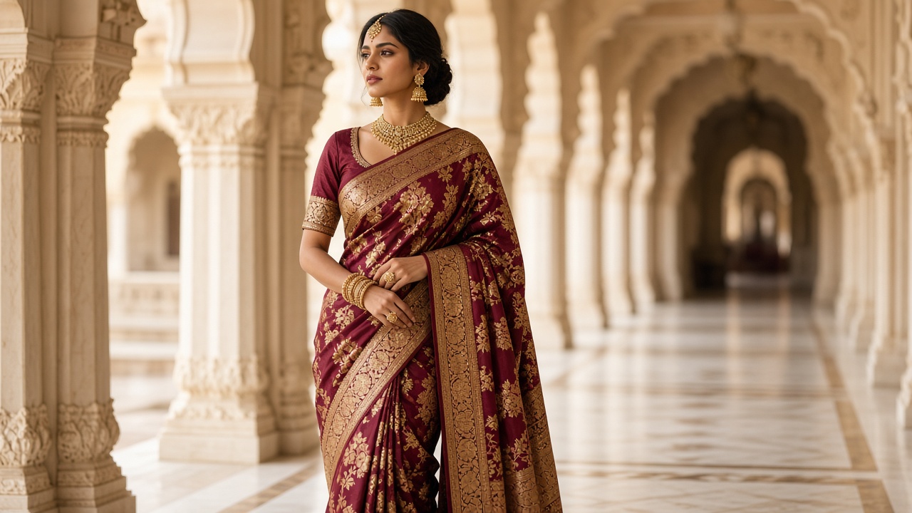 A woman in a maroon Banarasi silk saree with gold zari